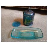 Carnival Glass Candy Dish & Blue Glassware