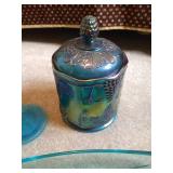 Carnival Glass Candy Dish & Blue Glassware