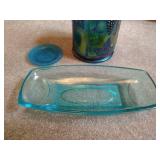 Carnival Glass Candy Dish & Blue Glassware