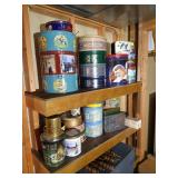 Two Shelves of Decorative/Vintage Tins