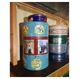 Two Shelves of Decorative/Vintage Tins