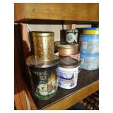 Two Shelves of Decorative/Vintage Tins