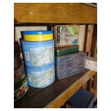 Two Shelves of Decorative/Vintage Tins