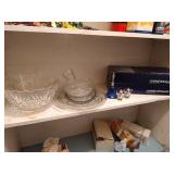 Shelf of Crystal Glasses, Platters, Punch Bowl, Etc