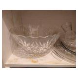 Shelf of Crystal Glasses, Platters, Punch Bowl, Etc