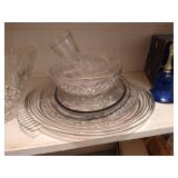 Shelf of Crystal Glasses, Platters, Punch Bowl, Etc