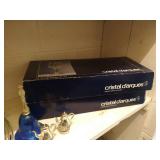 Shelf of Crystal Glasses, Platters, Punch Bowl, Etc