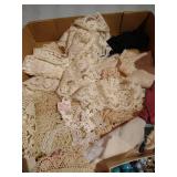 Tray of Vintage Doilies, Lace Collars, Hankies, Costume Jewelry