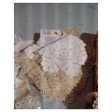 Tray of Vintage Doilies, Lace Collars, Hankies, Costume Jewelry