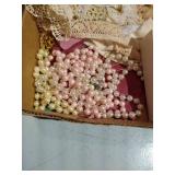 Tray of Vintage Doilies, Lace Collars, Hankies, Costume Jewelry