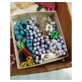 Tray of Vintage Doilies, Lace Collars, Hankies, Costume Jewelry