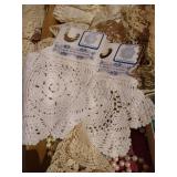 Tray of Vintage Doilies, Lace Collars, Hankies, Costume Jewelry