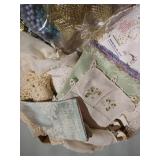 Tray of Vintage Doilies, Lace Collars, Hankies, Costume Jewelry