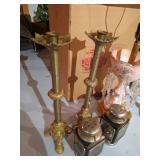 Tall Vintage Lamp w/ Crystals, Brass Candle Sticks & Lanterns