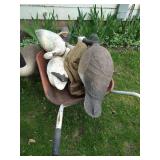 Three Large Canada Goose Decoys w/ Others & Small Wheelbarrow