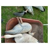 Three Large Canada Goose Decoys w/ Others & Small Wheelbarrow