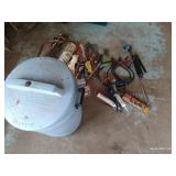 Trash Bin w/ Hand Tools, Charging Cables, Bike Pump, Snips, Saws, Etc