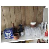 Shelf of Glasses, Vases, Jello Molds, Etc