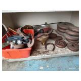 Shelf of Misc. Metal Weights, Farm Tools, L-Brackets, Etc