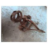 Shelf of Misc. Metal Weights, Farm Tools, L-Brackets, Etc