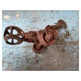 Shelf of Misc. Metal Weights, Farm Tools, L-Brackets, Etc