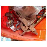 Shelf of Misc. Metal Weights, Farm Tools, L-Brackets, Etc