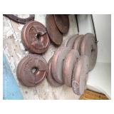 Shelf of Misc. Metal Weights, Farm Tools, L-Brackets, Etc