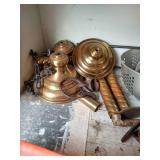 Shelf of Misc. Metal Weights, Farm Tools, L-Brackets, Etc