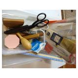 Bin of Sewing Notions: Shears, Zippers, Binding, Etc