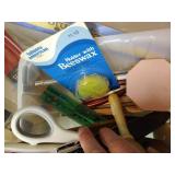 Bin of Sewing Notions: Shears, Zippers, Binding, Etc