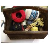 Vintage Sewing Box w/ Yarn, Stork Embroidery Scissors, Threads, Etc