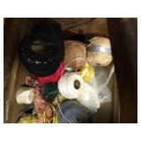 Vintage Sewing Box w/ Yarn, Stork Embroidery Scissors, Threads, Etc