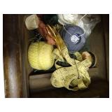 Vintage Sewing Box w/ Yarn, Stork Embroidery Scissors, Threads, Etc