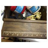 Vintage Sewing Box w/ Yarn, Stork Embroidery Scissors, Threads, Etc