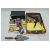 Hardware Lot: vintage metal box, shelf brackets, steel wool, sandpaper and more