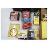 Hardware Lot: vintage metal box, shelf brackets, steel wool, sandpaper and more