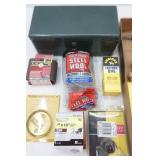 Hardware Lot: vintage metal box, shelf brackets, steel wool, sandpaper and more