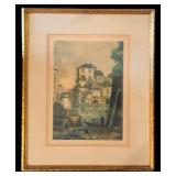 Vintage Framed Colored Etching Print Palace of Venice