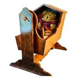 Vintage Wooden Doll Cradle with Teddy Bear
