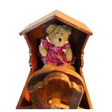 Vintage Wooden Doll Cradle with Teddy Bear