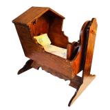 Vintage Wooden Doll Cradle with Teddy Bear