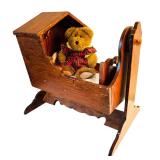 Vintage Wooden Doll Cradle with Teddy Bear
