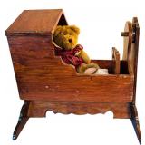 Vintage Wooden Doll Cradle with Teddy Bear