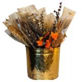 Gold Tin Basket with Faux Autumn including Eucalyptus, Box folia, Plumose and More