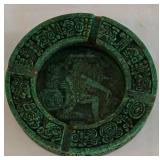 Mid-Century Modern Crushed Malachite Ashtray with Mayan Warrior Motif