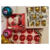 Variety of Fantastic Vintages Ornaments, Snowman Decanter with Spoon and Vintage Ornament Oil Candles