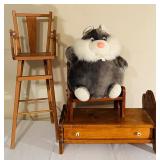 Vintage Dayton Hudson "Pajama Pals" Cat Gray Pajama Holder Pillow Plush 15" and Vintage Wood Doll Furniture