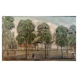 Vintage Framed Colored Engraving of the Public Square Green, New Haven, CT