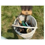 Hydraulic Jacks, Plastic Sheeting & Pale of Hand Tools