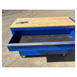 Like New Blue Yukon 46" Mobile Workbench With Butcher Block Top 2 of the casters are 360